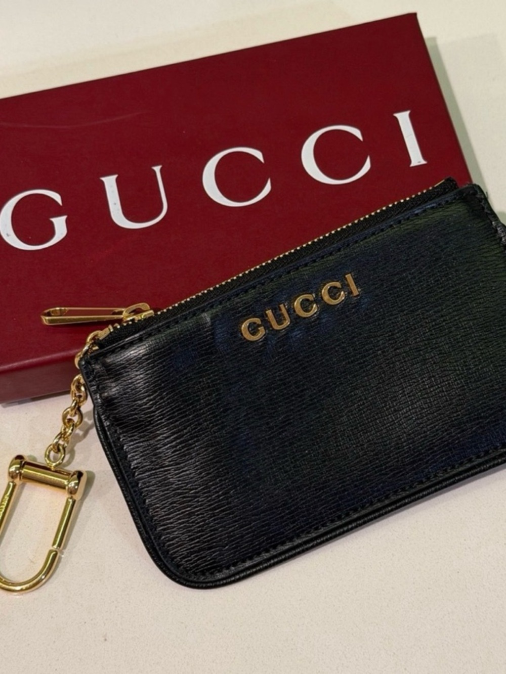 Gucci Black Leather Zip Card Pouch with Gold Logo